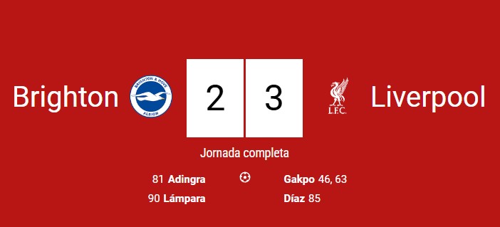 Resultado partido en vivo Brighton 2 vs 3 Liverpool Carabao Cup