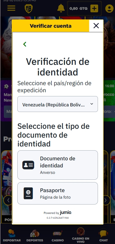 Carga tu documento de identidad para verificar tu cuenta de casino online MasterBets365