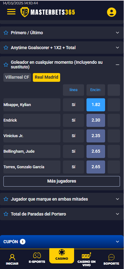 Nuevo tipo de apuesta deportivas MasterBets365 goleadores en cualquier momento incluyendo su sustituto
