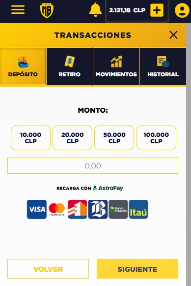 Recarga con Astropay desde_ Tarjetas Visa, MasterCard,  Bando del Estado de Chile, Banco de Chile, Banco Falabella e Itau MasterBets365 Chile