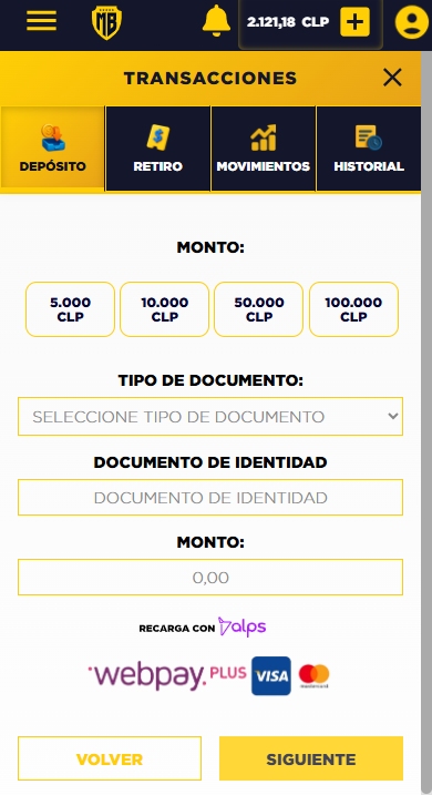 Recarga tu cuenta de casino online chile con Alps desde Webpay Plus con Visa y MasterCard