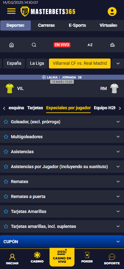 Seleccionar el partido para tu apuesta deportiva y seleccionar el mercado especiales por jugadores - Guia de apuestas deportivas online