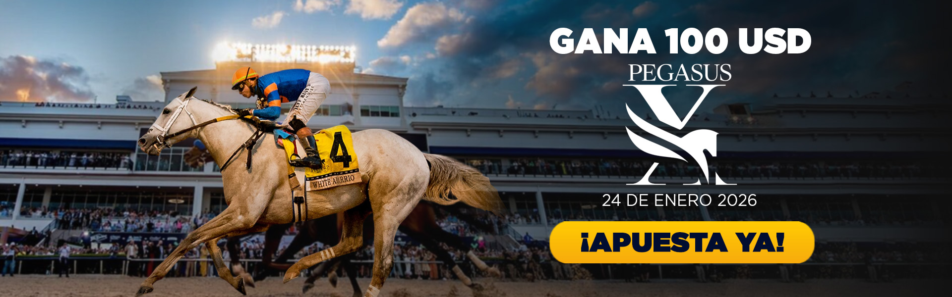Acierta la Superfecta de la Pegasus World Cup 2026 y GANA 100 dolares con MasterBets365 y el Hipismo internacional