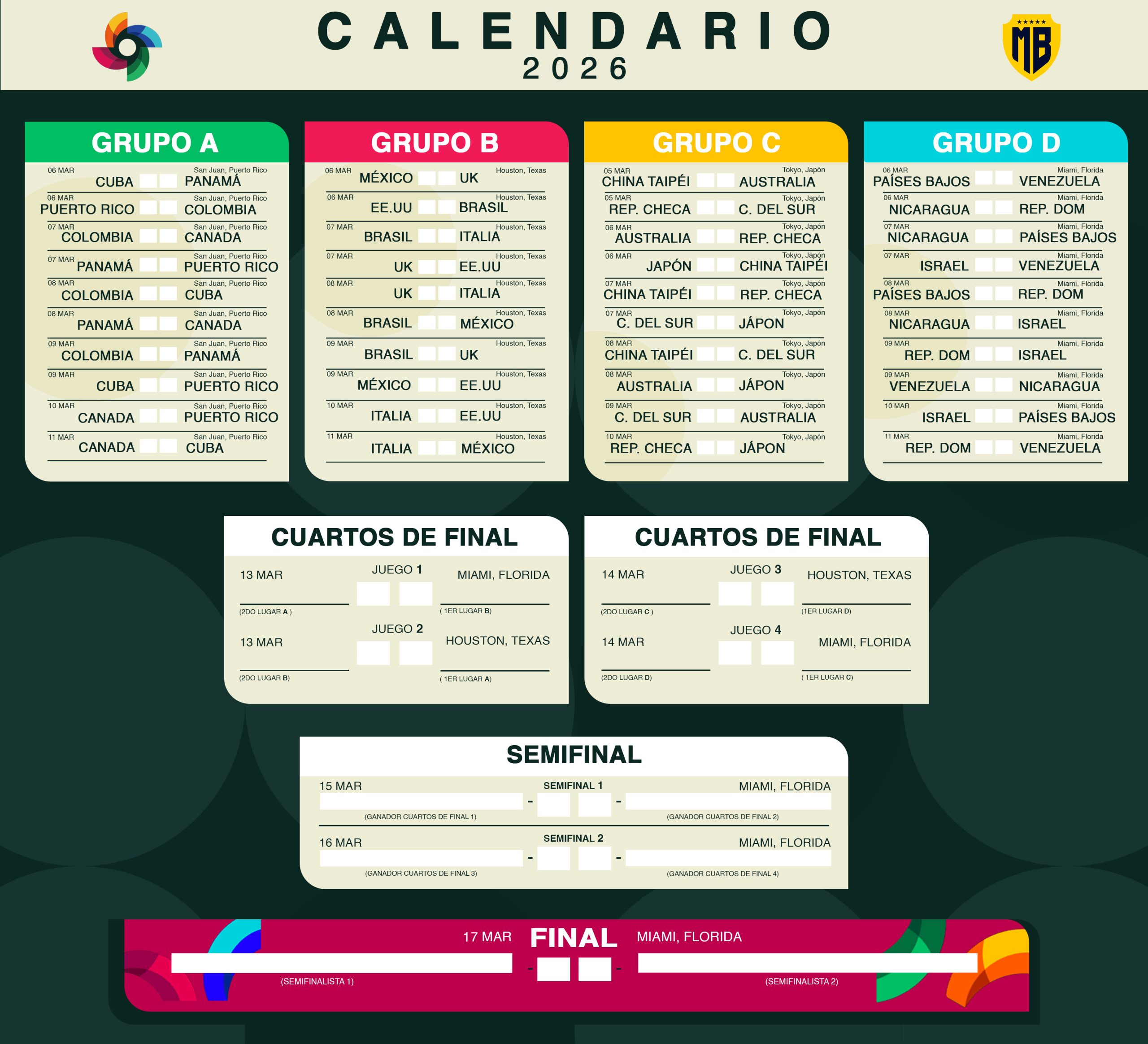 Quiniela Clásico Mundial de Beisbol 2026 Descargala Gratis y a pronosticar en MasterBets365